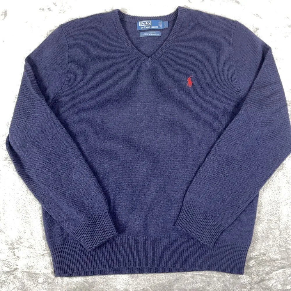 Polo Ralph Lauren 100% Lambs Wool Sweater Italian Yarn V Neck Long Sleeve L Read